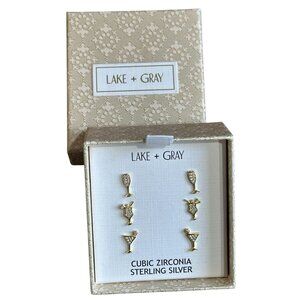 NEW 3 Pair Lake + Gray CZ Cocktail 925 Sterling Silver Stud Earrings